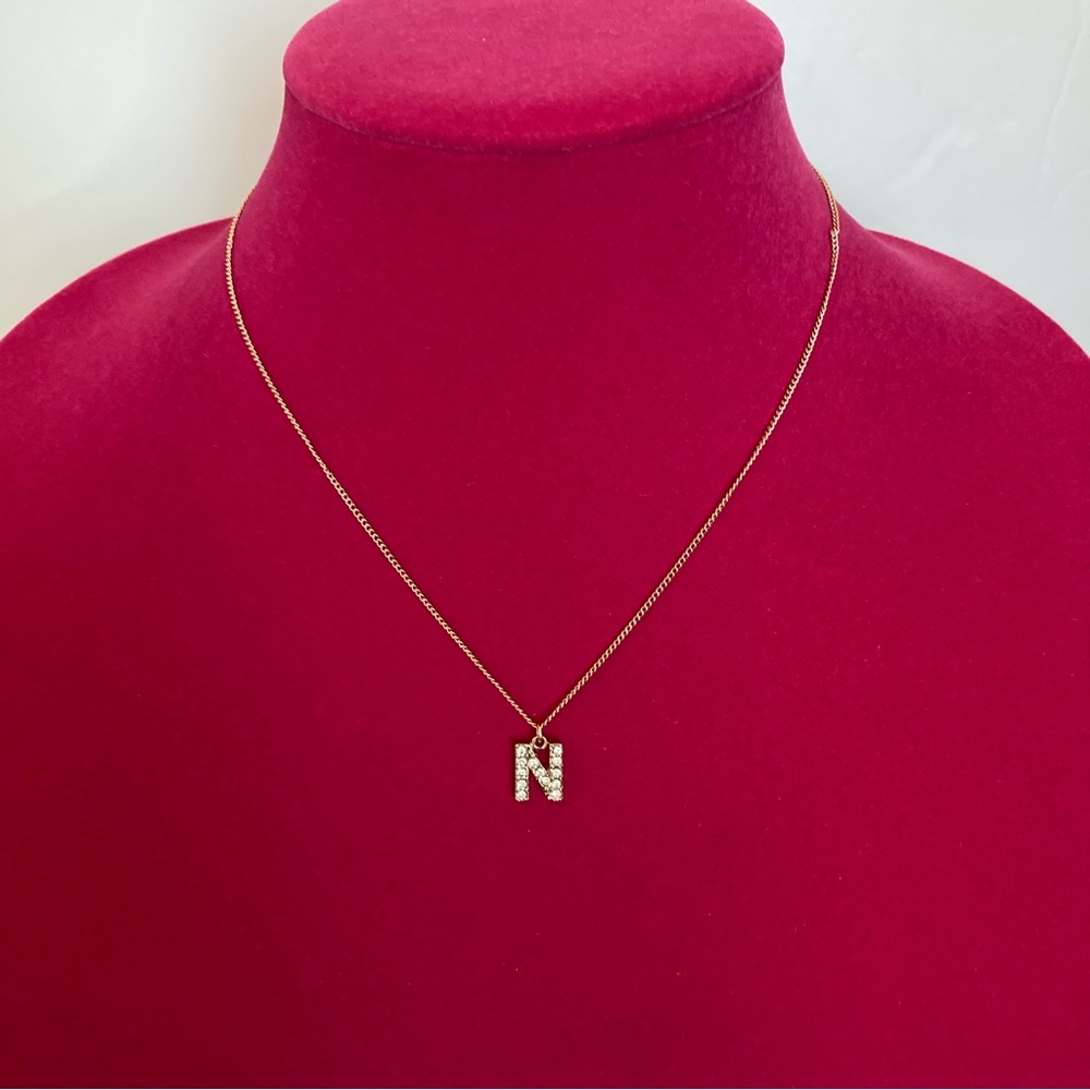Necklace with Letter N Pendent with Clear Stones | Gold Tone